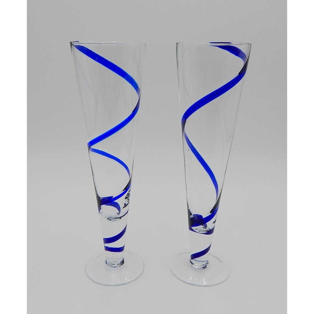 Pier 1 One Cobalt Blue SWIRLINE Pilsner Beer 10” Tall Swirl Glass Pair Handblown